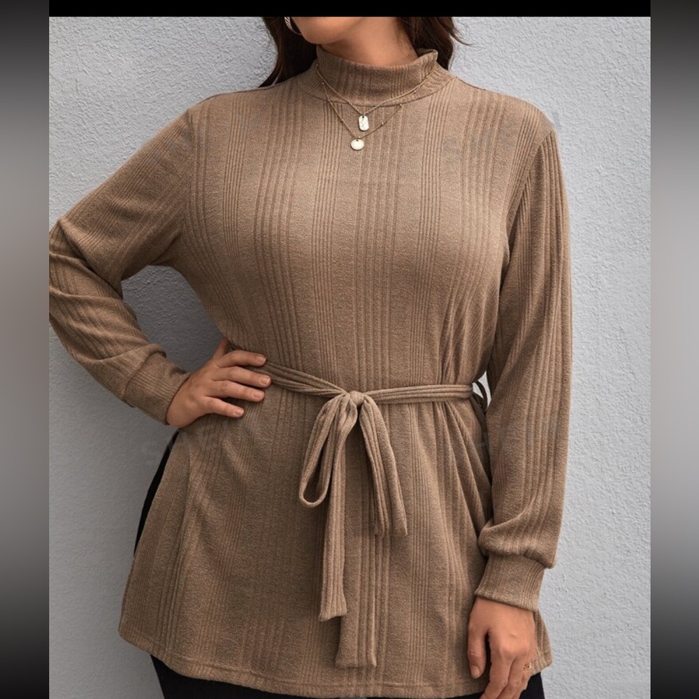 SHEIN Clasi Plus Mock Neck Split Hem Belted Tee